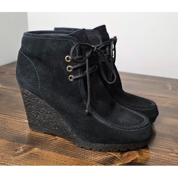 MICHAEL Michael Kors Sz. 7.5 Rory Lace Up Wedge Booties Ankle Boots Suede Black - Picture 1 of 15